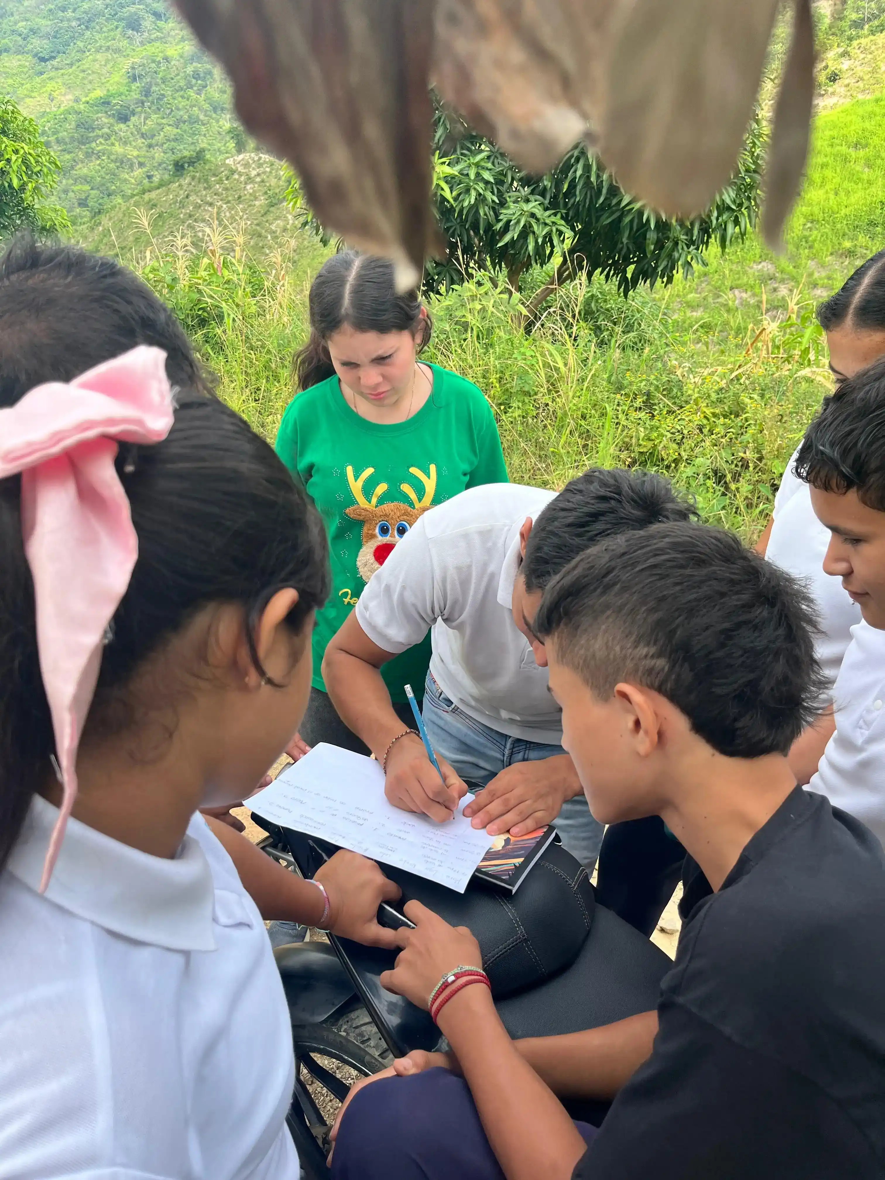 Estudiantes colaborando y escribiendo registros de campo en paisaje rural montañoso